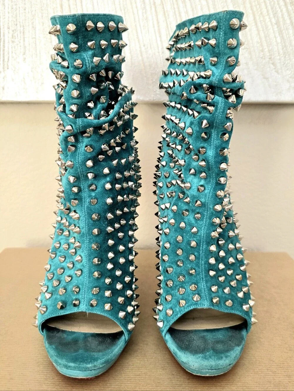 Christian Louboutin Aqua Suede Silver Spiked Open Toe Ankle Boots Size 38 US 7-9